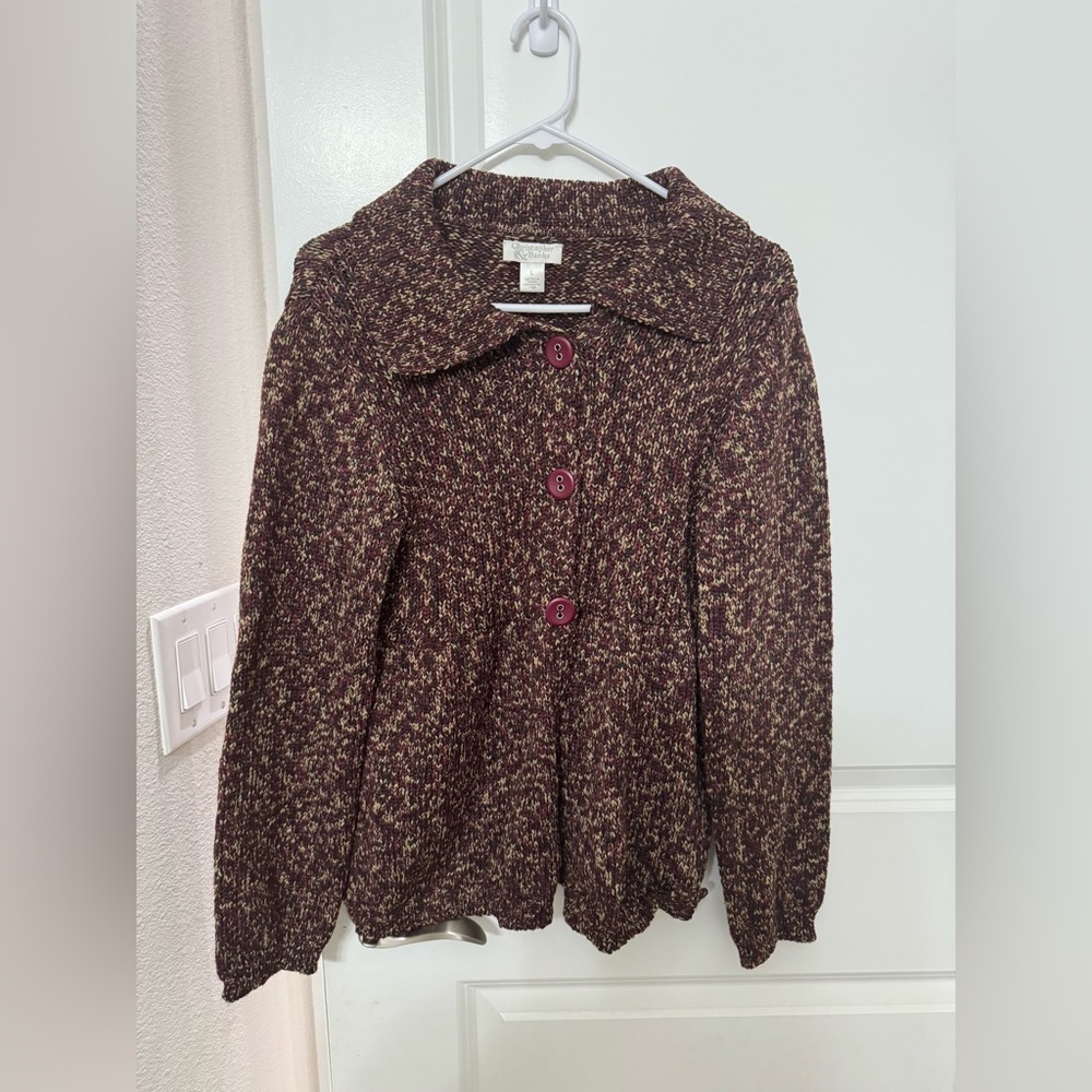 Christopher & Banks Maroon and Cream Button-Up Sweater